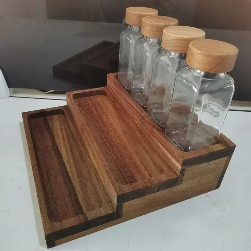 Three Layer Acacia Wood Cover Shelving Kitchen 4OZ Square Glass Seasoning Bottle  Holders Seasoning Spice Jars Racks