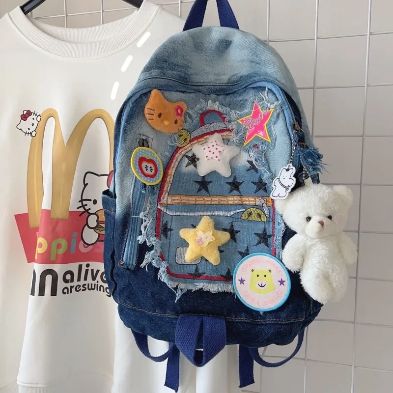 MBTI Vintage Hello Kitty Womens Backpack Denim Patchwork Cute Y2k Fashion University Backpack Harajuku Cartoon Female New Bag