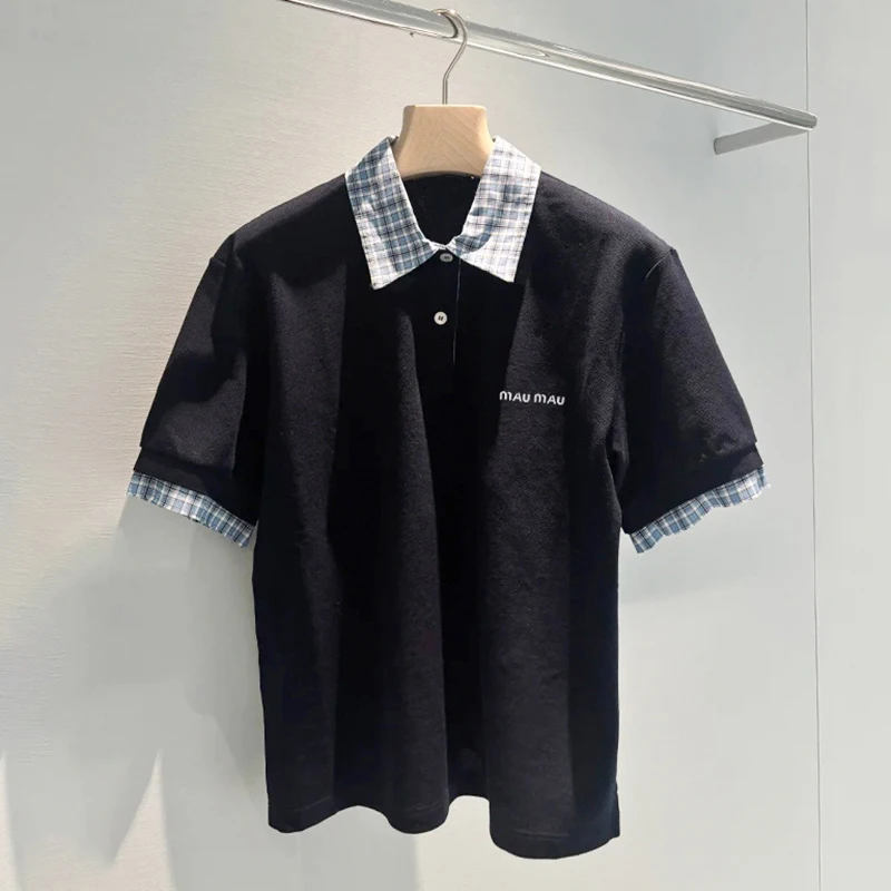 

Высококачественная трикотажная футболка Ne для молодых женщин в Корейском стиле Sle Commute Faion Plaid Splicing ort Sve Regular Fit