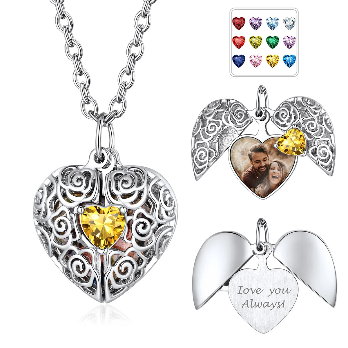 U7 Hollow Roses Locket with Heart Shape Birthstones Custom Photo Locket Necklace for Woman Memorial Family Photo Jewelry Gift