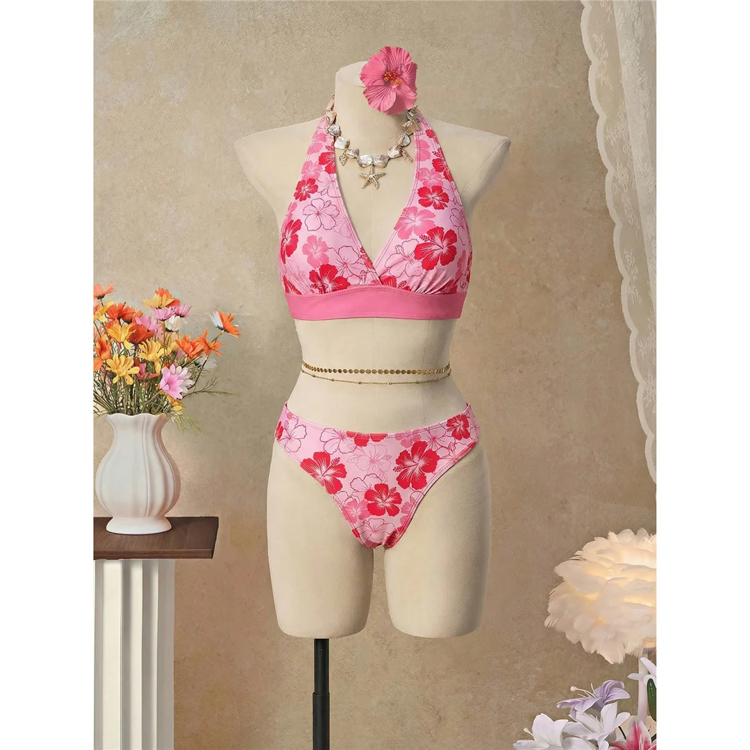 S - XL Mit Rock, Polka-Dot-Blumen-Bikini, Damen-Badebekleidung, dreiteiliges Bikini-Set, Badeanzug, Badebekleidung, Schwimmbekleidung V8518 – Detail 7