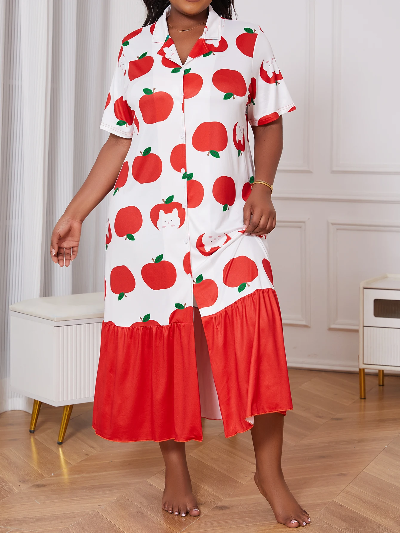 

Women's Plus Size Milk Silk Nightdress Short Sleeve Cardigan Lapel Ruffles Apple Printed Comfy Sleepwear 1XL-5XL
