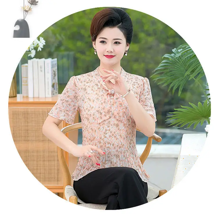 Mom's Clothing Style Floral Temperament Slim Chiffon Shirt Middle-aged Woman's Large-size Fashionable Belly-covering T-shirt