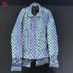 PFHQ Male Washed Worn Out Plaid Denim Jackets Wearproof High Street Patchwork Zipper Colorful Heavy Industry Coat Spring 21Z4274