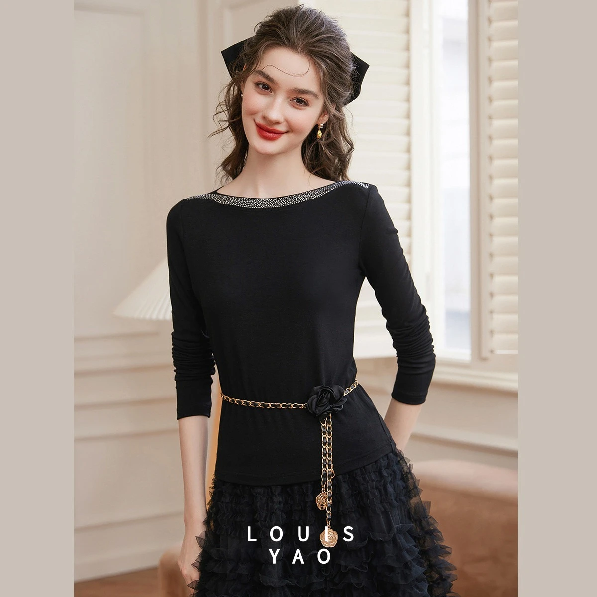 

LOUISYAO 2026 Весенний женский блестящий трикотажный пуловер с длинным рукавом, эластичный, элегантный базовый топ