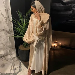 Chic Glitter Muslim Kimono Abaya Puff Sleeve Retro Ethnic Cardigan Robe Dubai Middle Eastern Saudi Arabia Eid Clothes Outwear