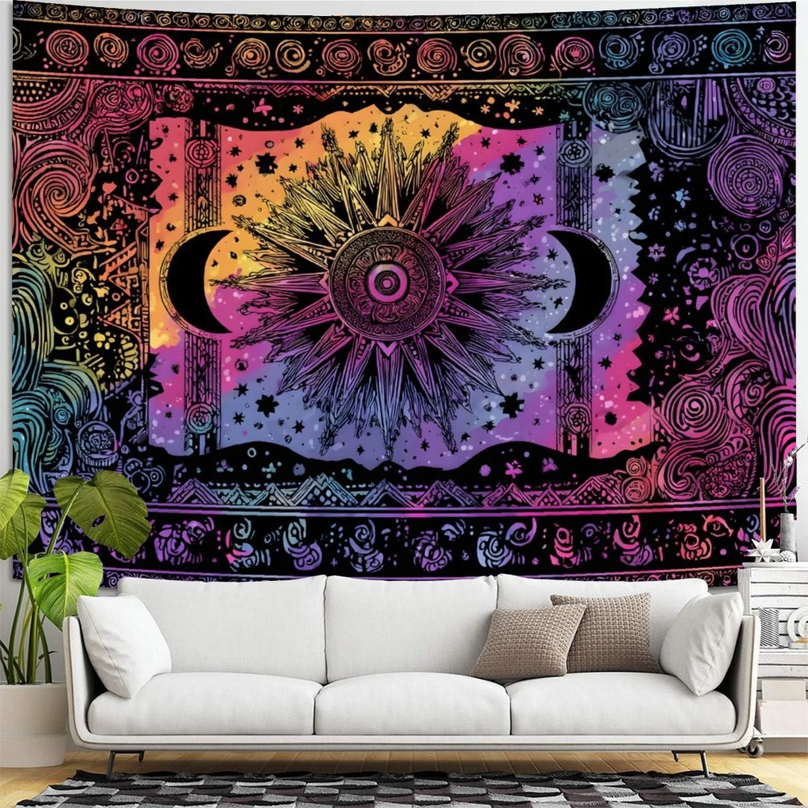 La tapicería fluorescente l Sol y Luna brilla en  oscuridad, con un diseño neón hippie bohemio, perfecto para  estética