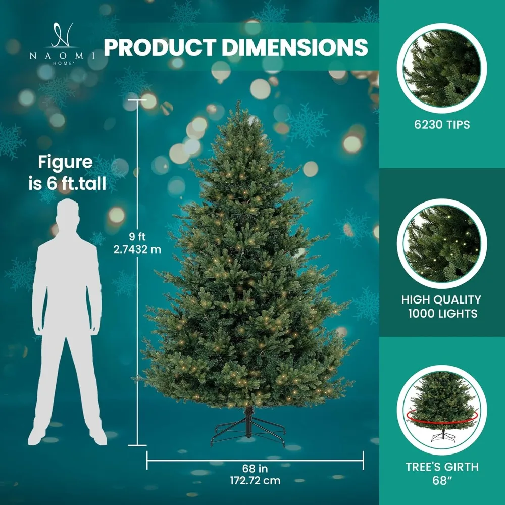 9ft Prelit Aritificial Christmas Tree, 1000 Warm Lights and Metal Stand, 68