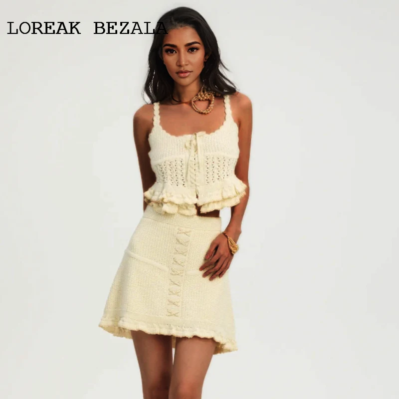 

Beige Knitted Top Skirt Set elastic Spring/Summer Women Fashionable and Elegant Hip Wrapping Ladies' 2-piece Skirt Set