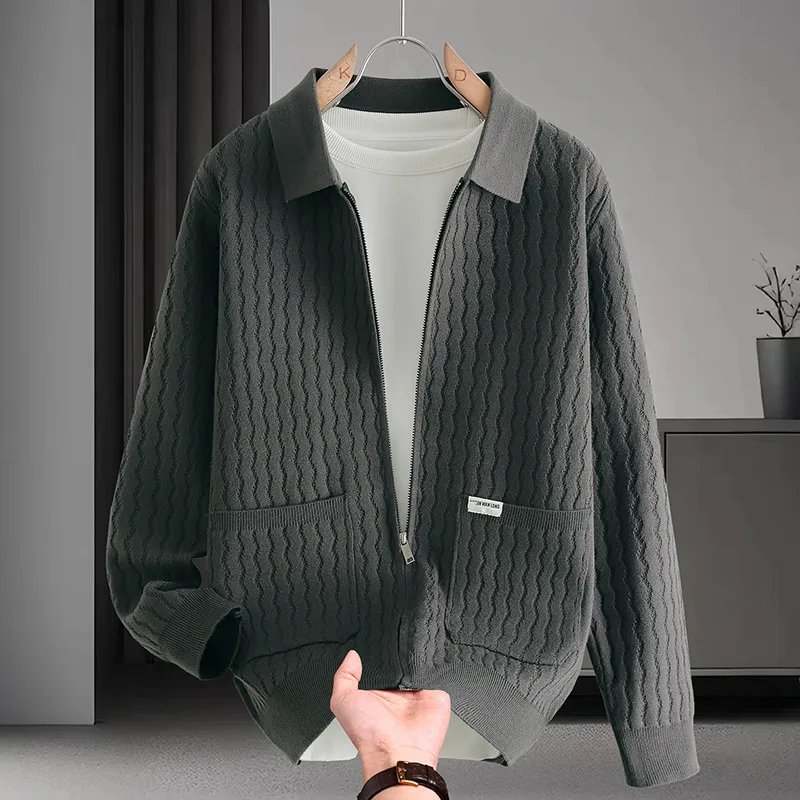 

Новый мужской вязаный кардиган 2025 года: осенне-зимний, повседневный, на молнии, с открытым передом, высококачественный, свободного кроя, комфортный