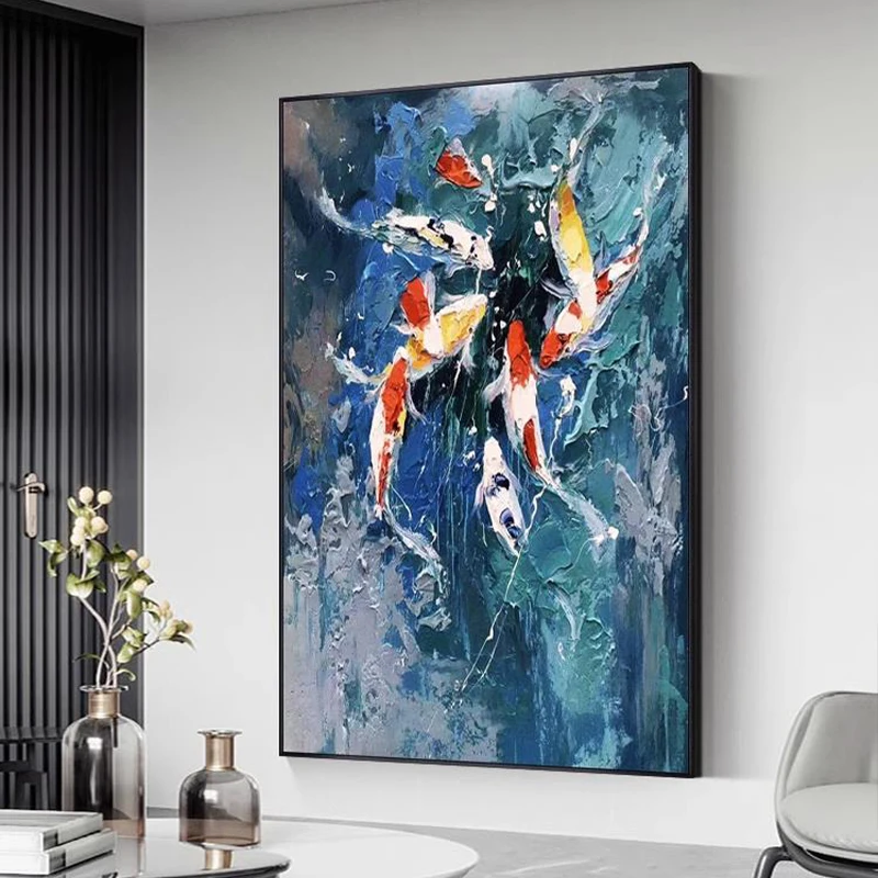 Imagem -04 - Pintura a Óleo Artesanal sobre Tela Original Abstrato Peixe Animal Wall Art Living Room Picture Decoração de Casa Unframe Ouzerqing100