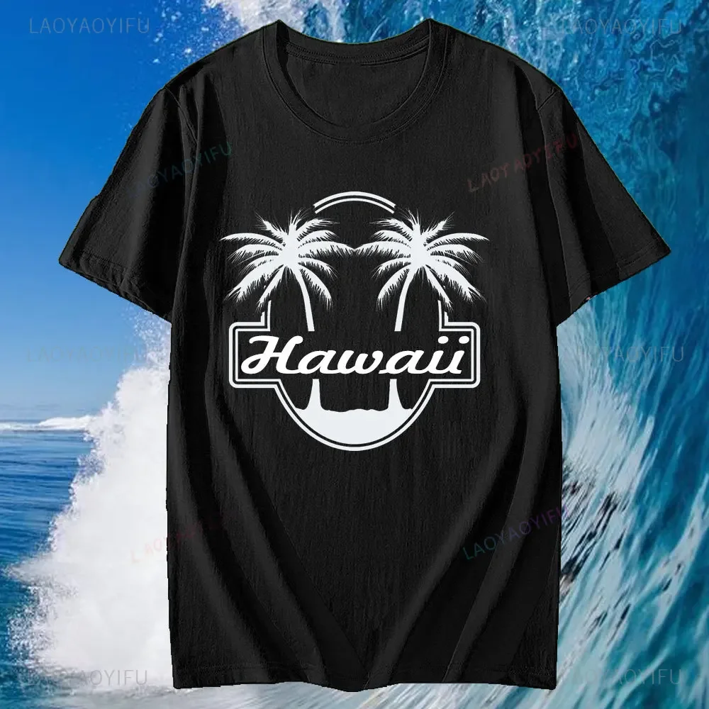 Mens Hawaii Surfing Cotton Short Sleeve for Men Tops Summer Beach Palm Print Fashion Street Style Cotton T-Shirt Clothes