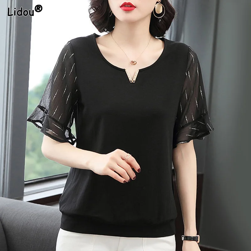 

2023 Women's Clothing Elegant Loose Casual Pullovers Patchwork Solid Color Summer Thin Round Neck Comfortable Simple T-Shirts