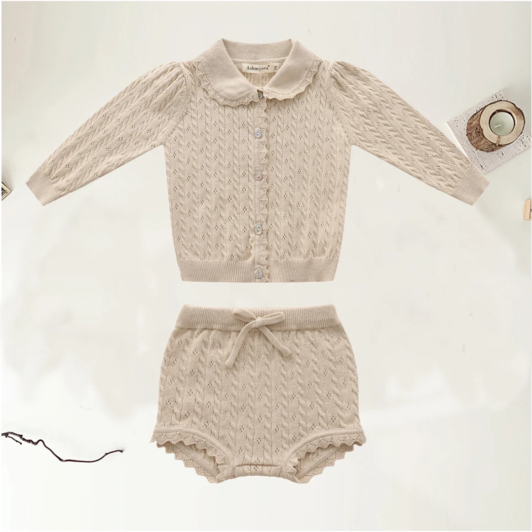 2024 New Fall Baby Girl Knitted Clothes Set Infant Cardigan Sweater Shorts 2pcs Clothing Sets Toddler Long Sleeve Lace Outfits