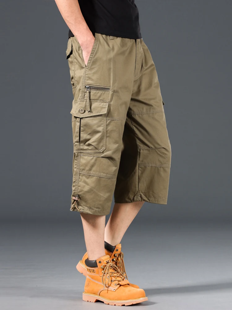 Sommer Herren Cargo-Shorts Lose Lässige Knielange Hosen Elastischer Bund Übergröße Outdoor Jogging Taktische Capri-Hosen