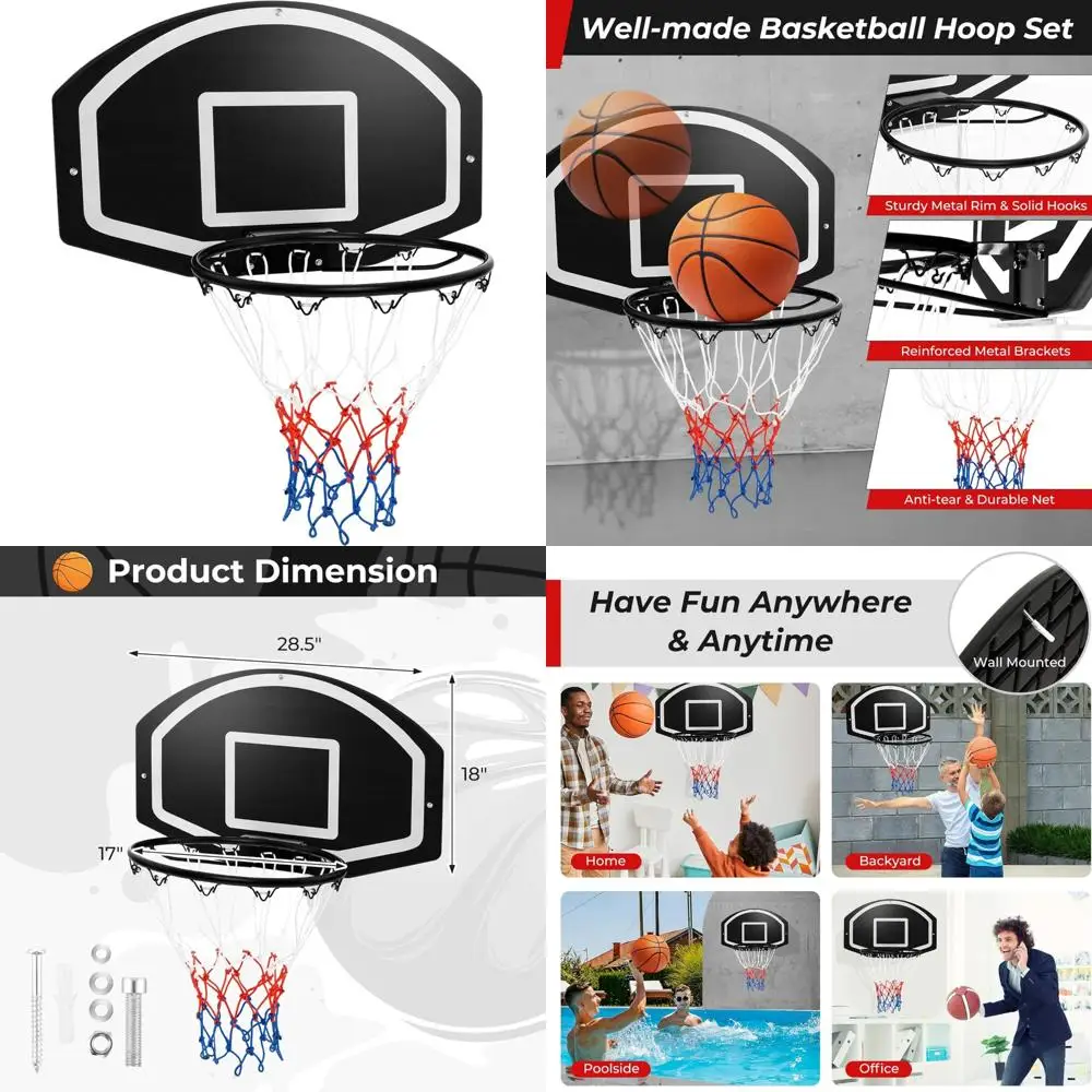 

Large 28.5" x 18" Wall-Mounted Basketball Hoop with 17" Rim, Shatter-Proof Backboard, All-Weather Net, Door Wall Mount Option