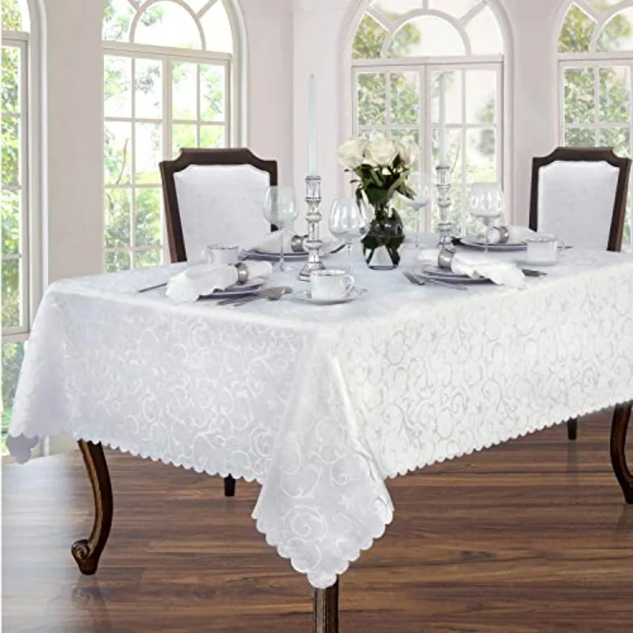 

Spring and Easter Portofino Scalloped Damask Fabric Tablecloth 60 x 102 Inch Rectangle White Wrinkle and Stain Resistant Fine D