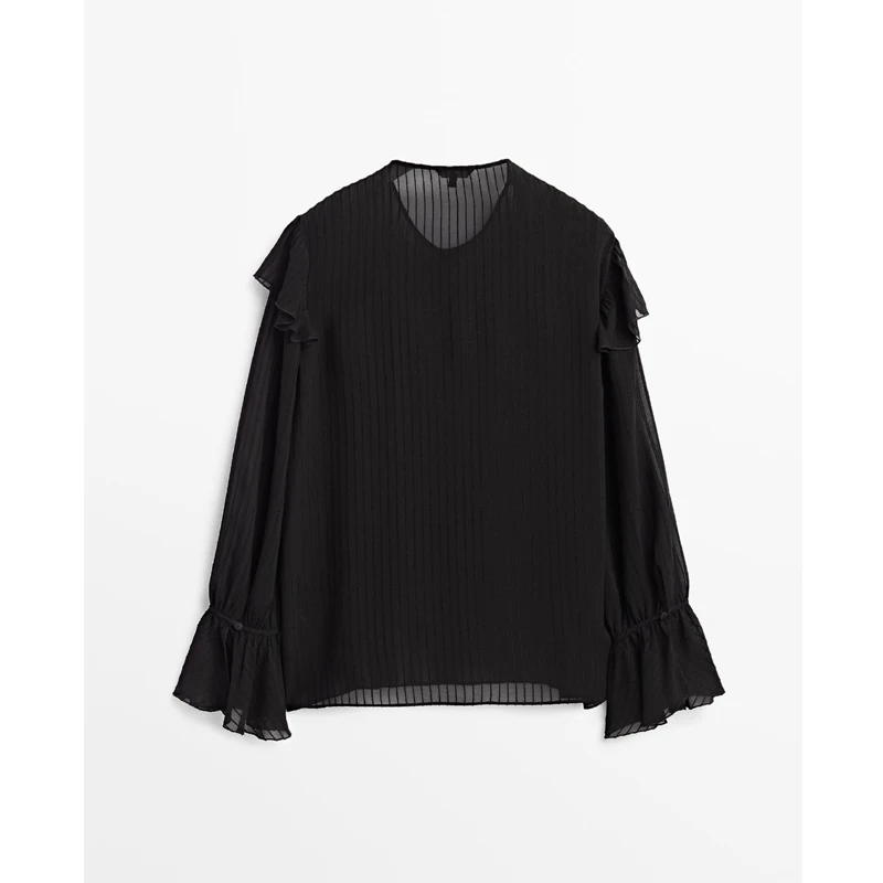 Ladies Texture Black Casual Fit Temperament Top Shirt Lightweight Breathable High Quality Sexy Ruffled O-Neck Top