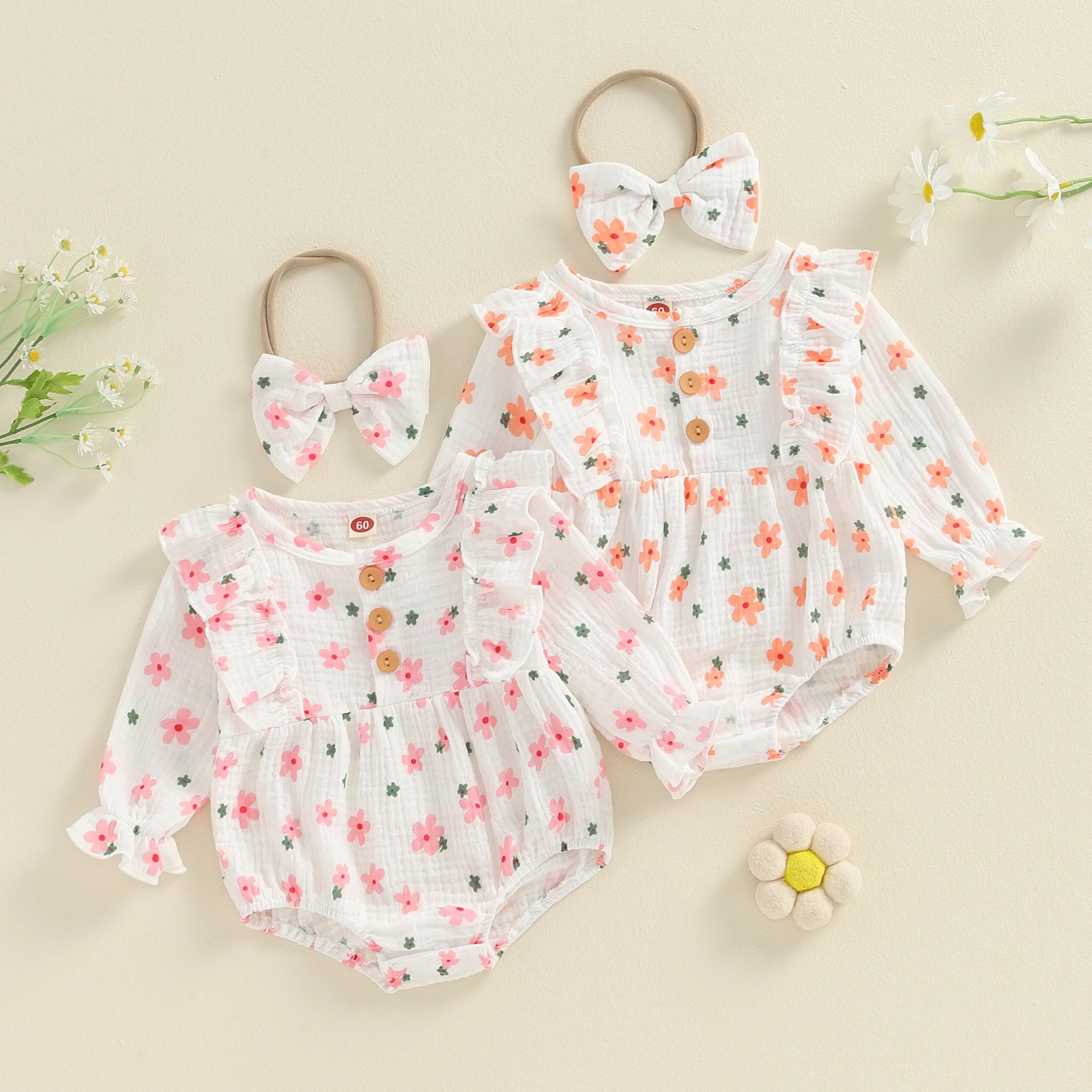 

Newborn Baby Girl Autumn Clothes Long Sleeve Crew Neck Floral Romper with Hairband Fall Suit