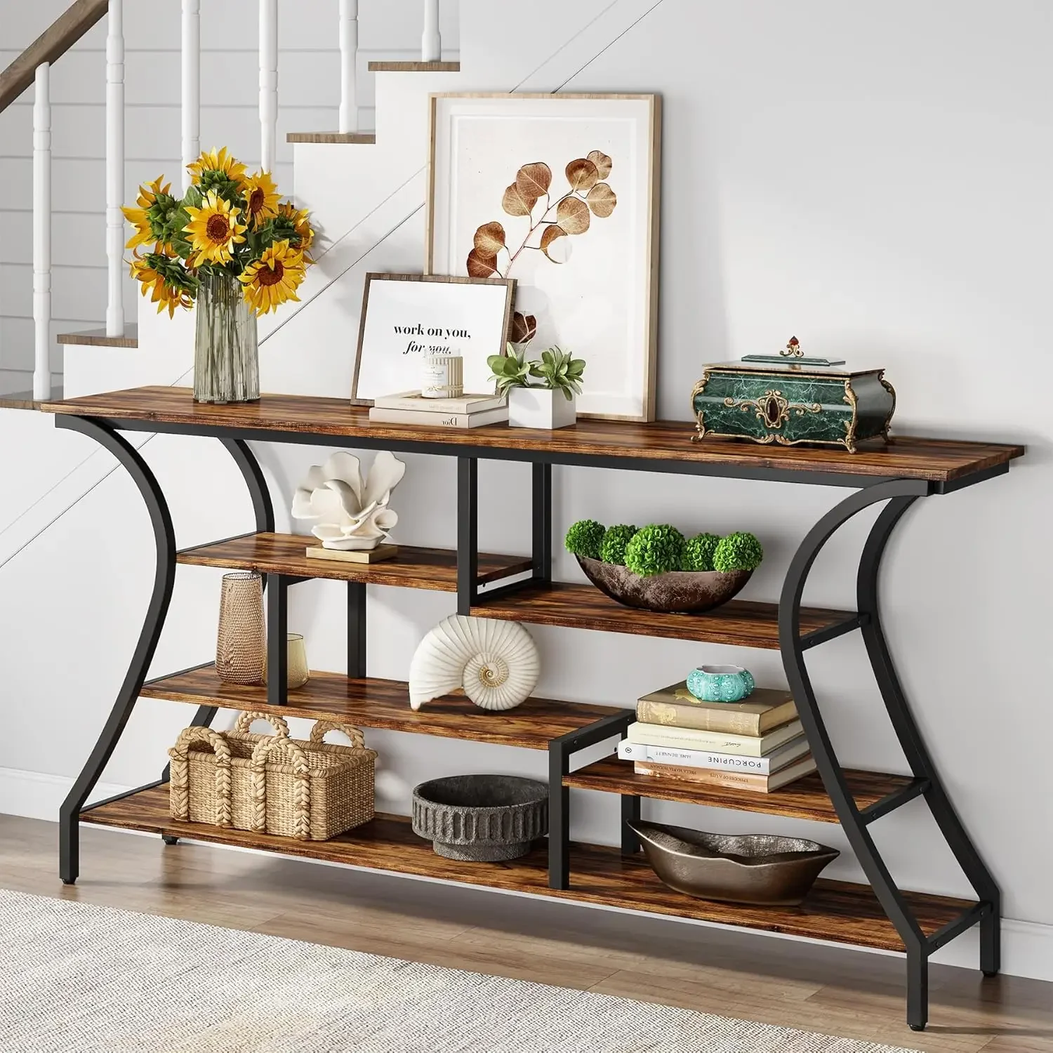 Tribesigns 70.9 Inch Extra Long Console Table, Industrial Narrow Sofa Table with Storage Shelves, 4 Tier Entryway Table Behind C