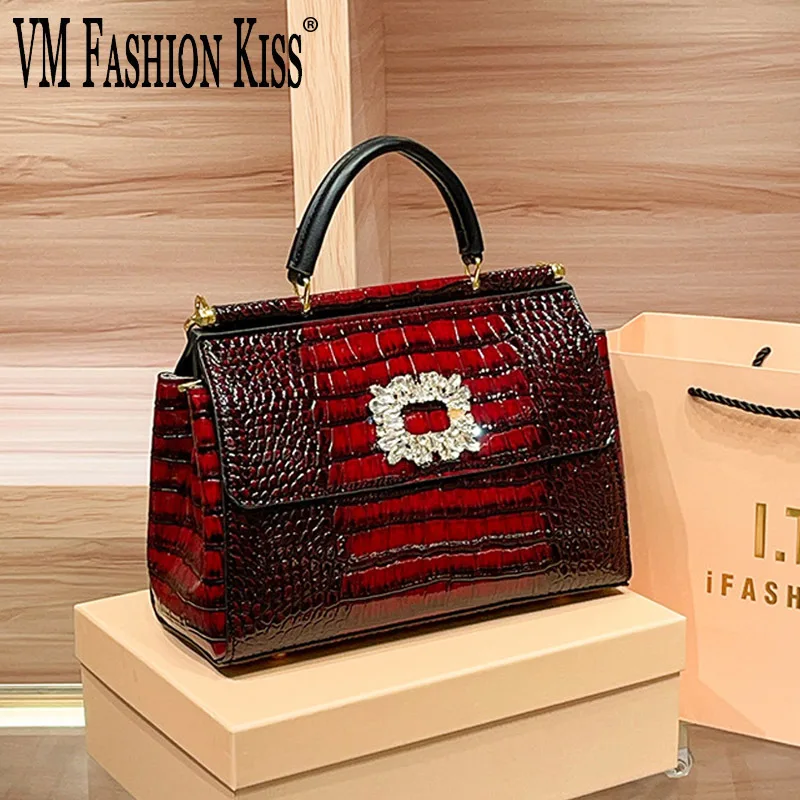 

VM FASHION KISS Luxury Design Metal Frame Women's Handbag Synthetic Leather Crocodile Pattern Shoulder Bag Diamond Crossbody Bag