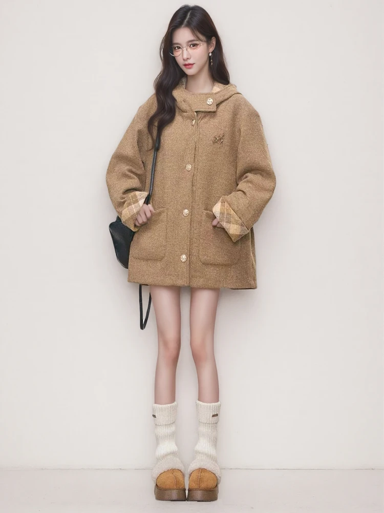 

Burjuman Forest Wardrobe Plaid Splicing Cotton Jaet Women's Sle 2025 New Outerwear Knitted Fce Lined Pants