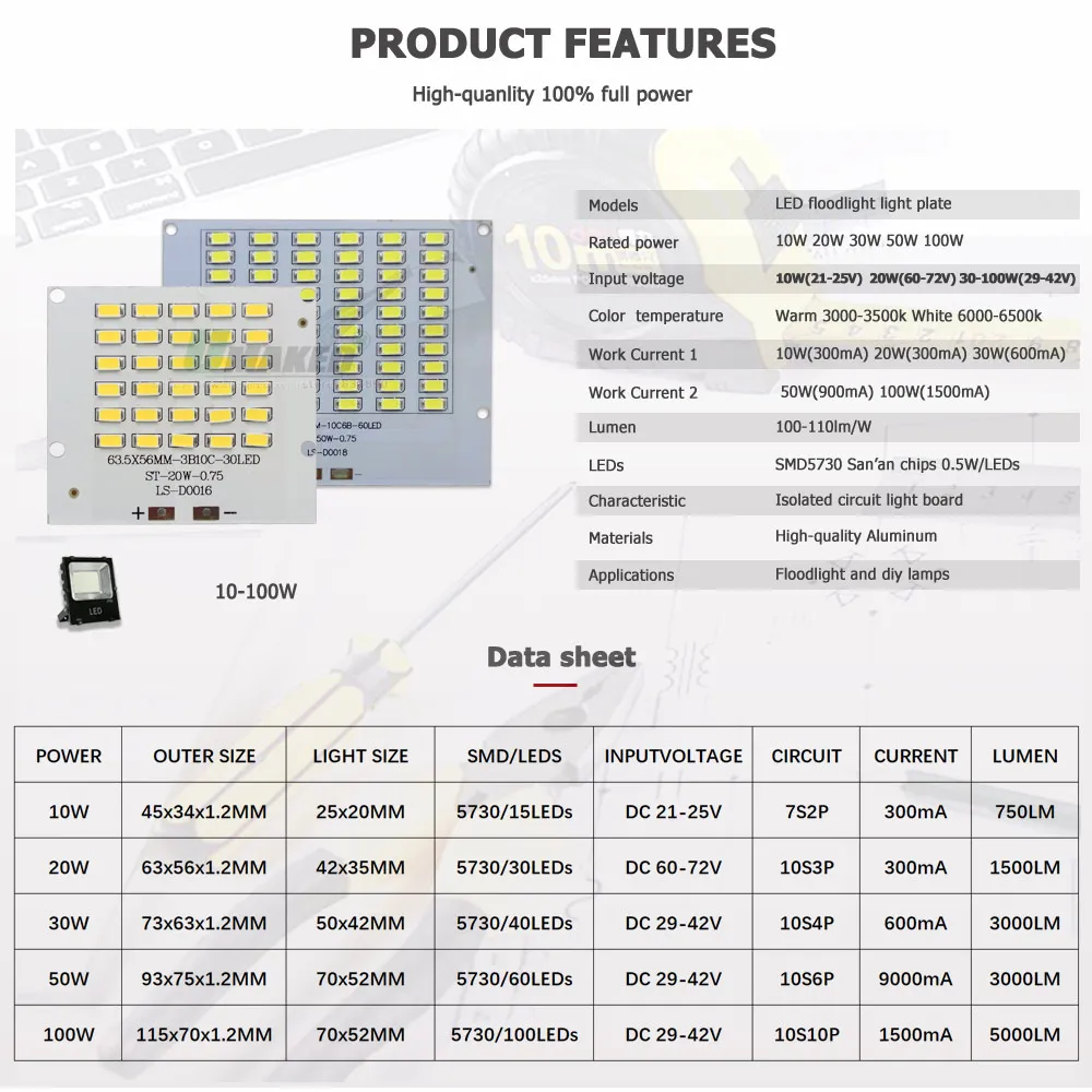 Imagem -04 - Led Pcb Projector para Lâmpadas ao ar Livre Smd 5730 Dissipador de Alumínio Fonte de Luz Substitua o Painel Faça Você Mesmo 10w 20w 30w 50w 100w 5pc