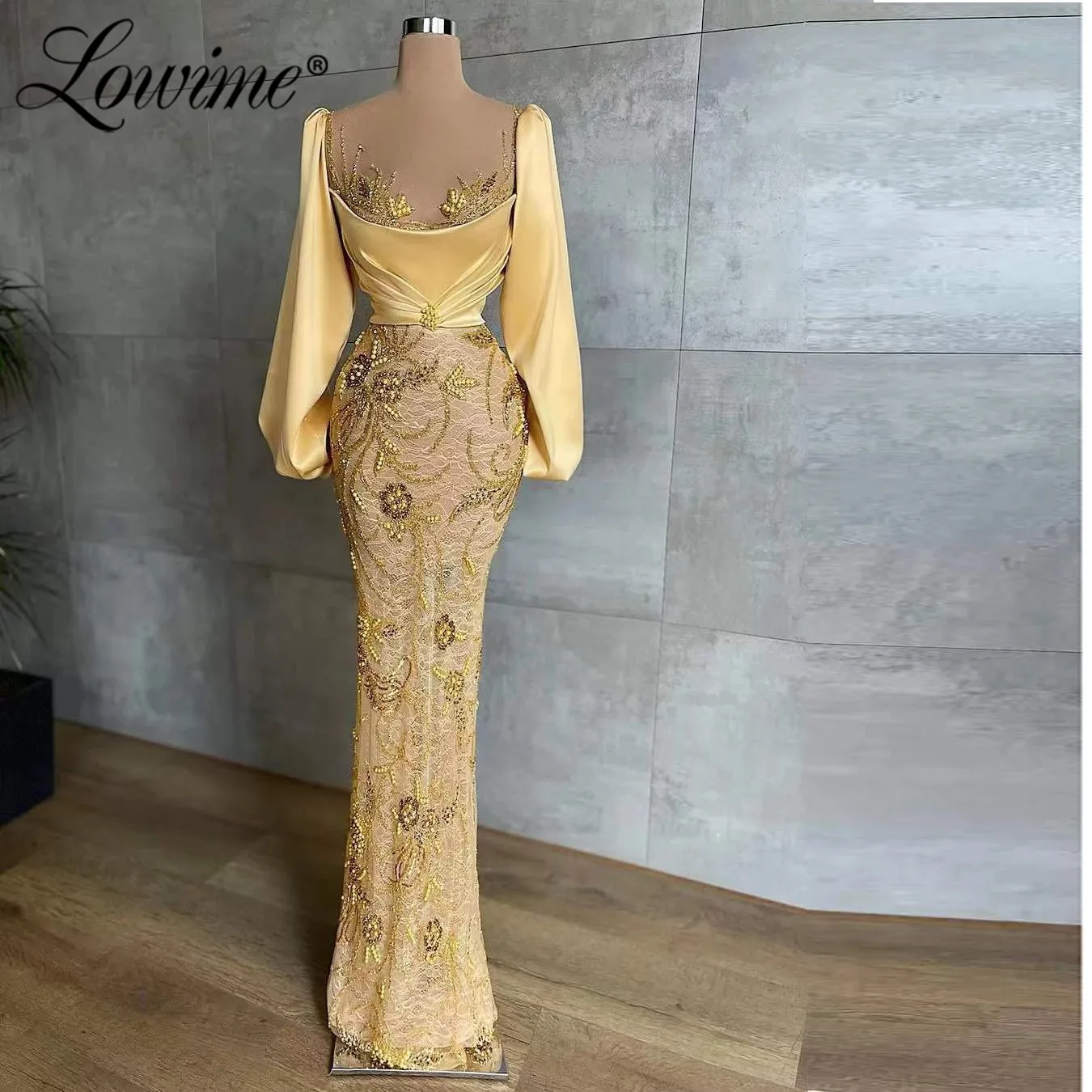 Lowime árabe dubai elegante formal vestidos de noite frisado mangas compridas rendas vestidos de festa sereia 2022 robes de soirée vestido de festa