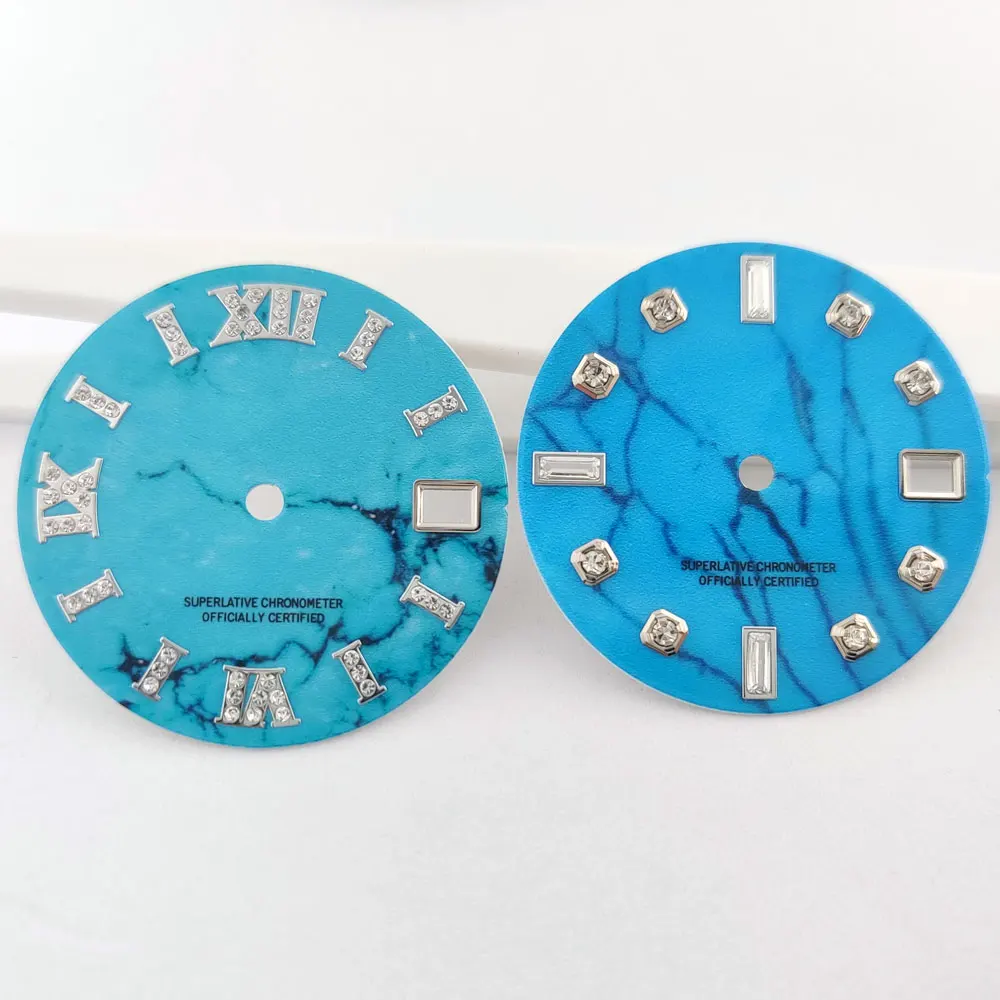 قرص nh35 28.5 ملم قرص ساعة قرص رخامي ماسي أرقام رومانية قرص أزرق يناسب ملحقات ساعة الحركة nh35nh36