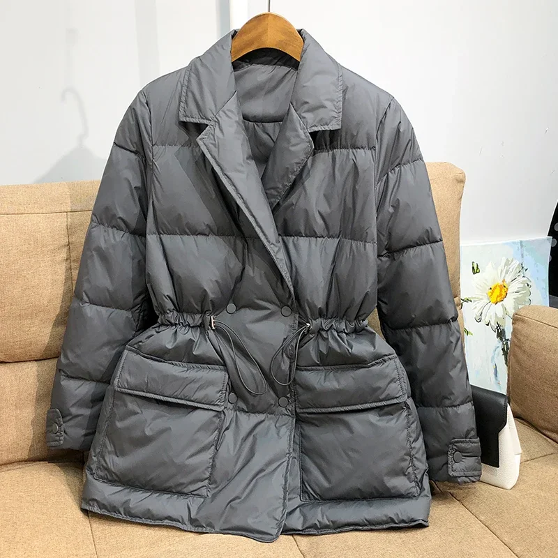 

New Winter Women White Duck Down Coat Female Notched Collar Double Breasted Coats Casual Lady Drawstring Puffer Outwear