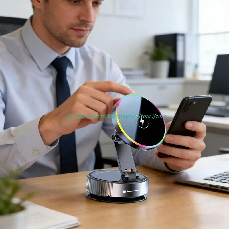 SZ Phone Holder Support For Vehicle With 15W Wireless Charging Vacuum Suction Cup And Multiple Adjustment