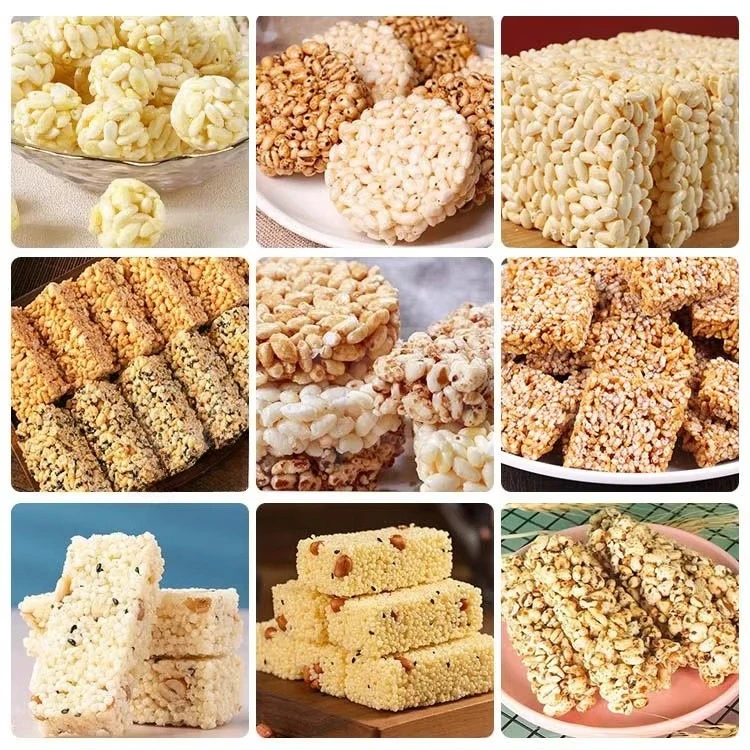 ماكينة صنع حلوى الأرز المنتفخة الأوتوماتيكية، ماكينة معالجة الأرز كريسبي، خط إنتاج شريط الحبوب البروتينية