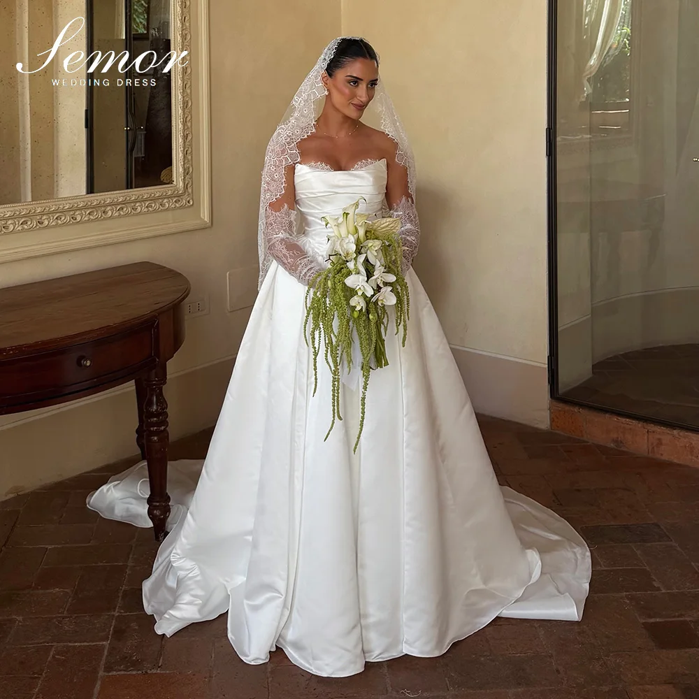 Semor Customized Simple V-Neck Wedding Dresses with Lace Sleeve 2026 A-line Pleat High Quality Vestidos De Novia with Court