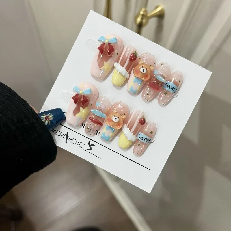 

10PCS 3D Sweet Cute Press on Nails Handmade French Bow Bear Strawberry Design Childlike Dopamine False Nail Removable Fake Nails