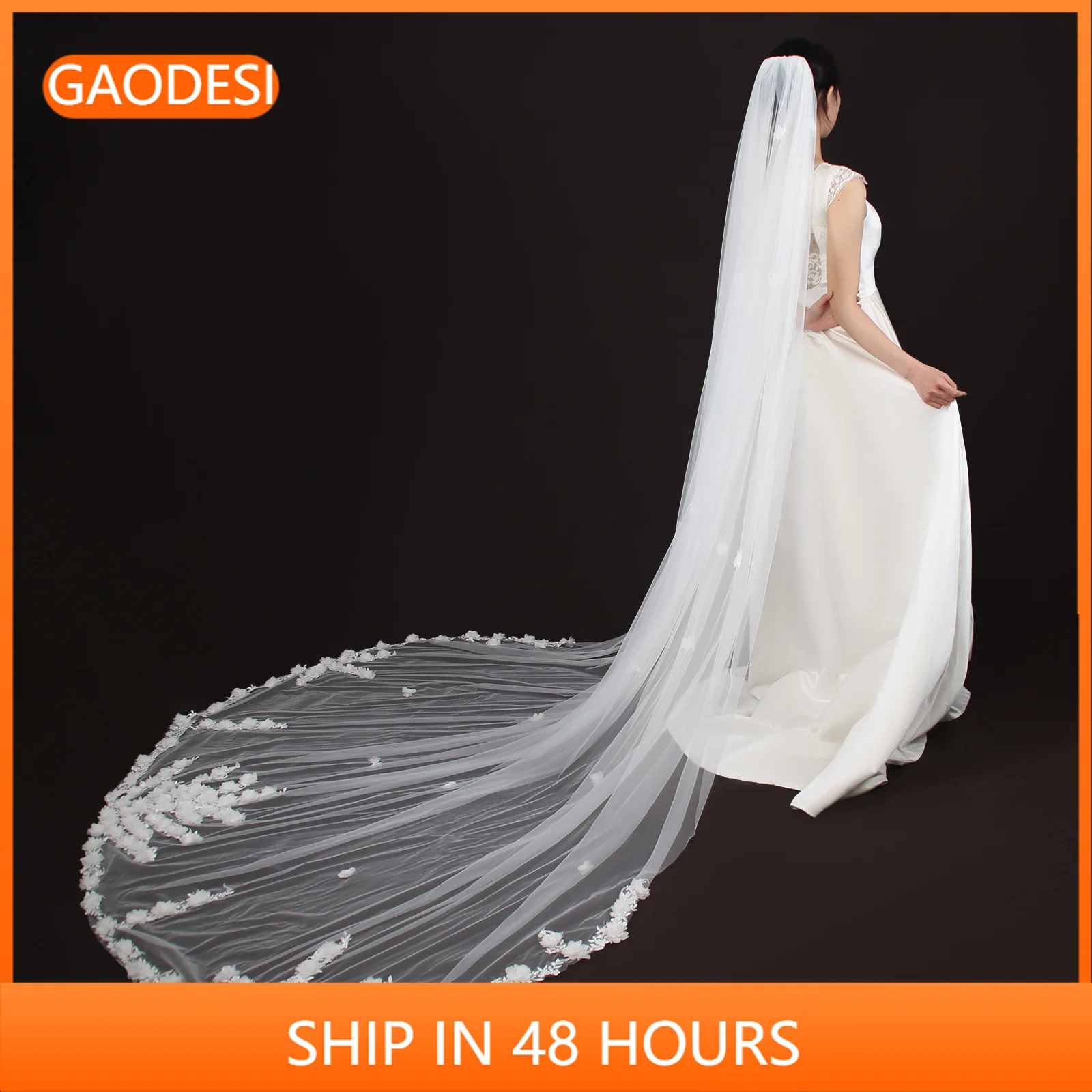 

Bridal wedding veil for church floral design white ivory with hair comb classic veil luxurious long train hand sewn flower G48