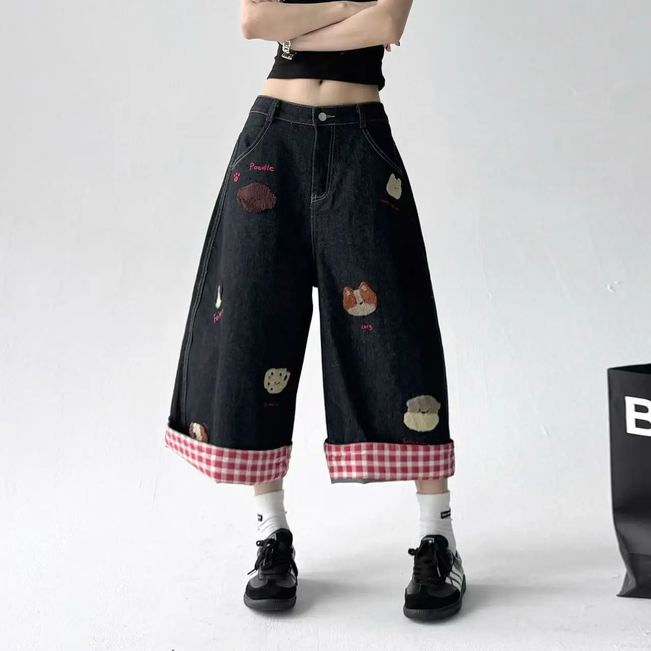 washed old puppy embroidered wide-leg denim shorts women's 2025 summer retro loose  thin cropped pants
