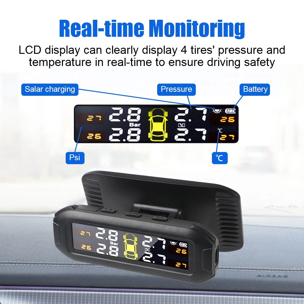 TPMS per auto con 4 sensori esterni sistema di monitoraggio della pressione dei pneumatici Monitor della pressione dei pneumatici avvertimento solare risparmio di carburante Set sul parabrezza