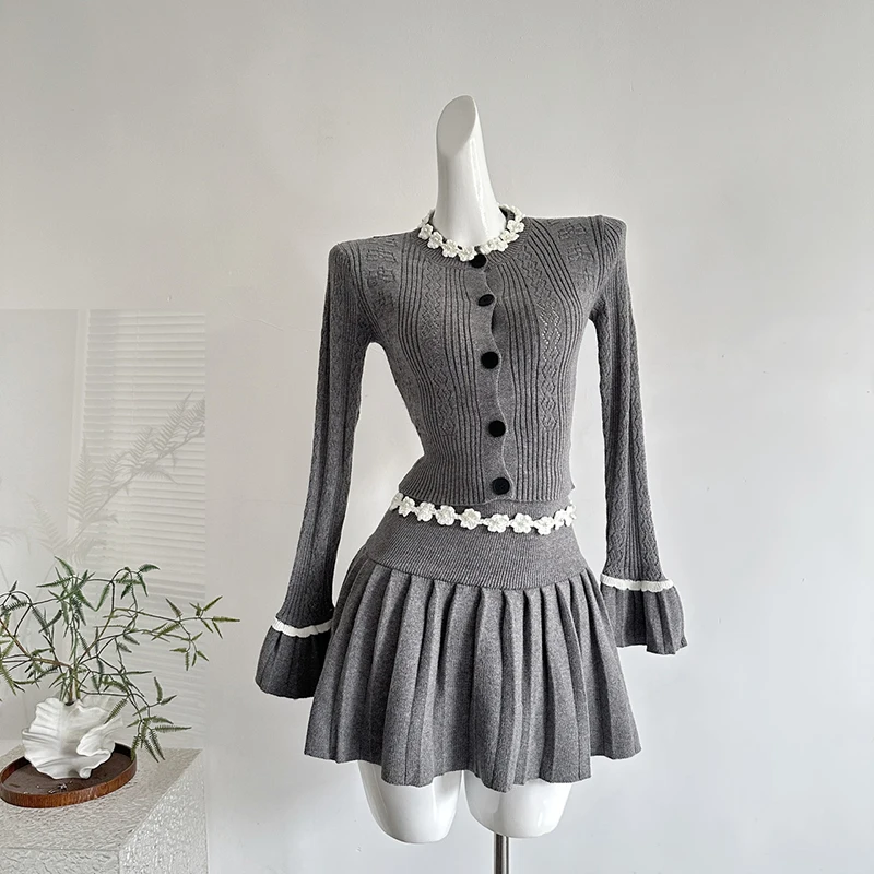 Korean style unique handmade crochet knitted trumpet sleeve top high waist slimming pleated half skirt two piece set