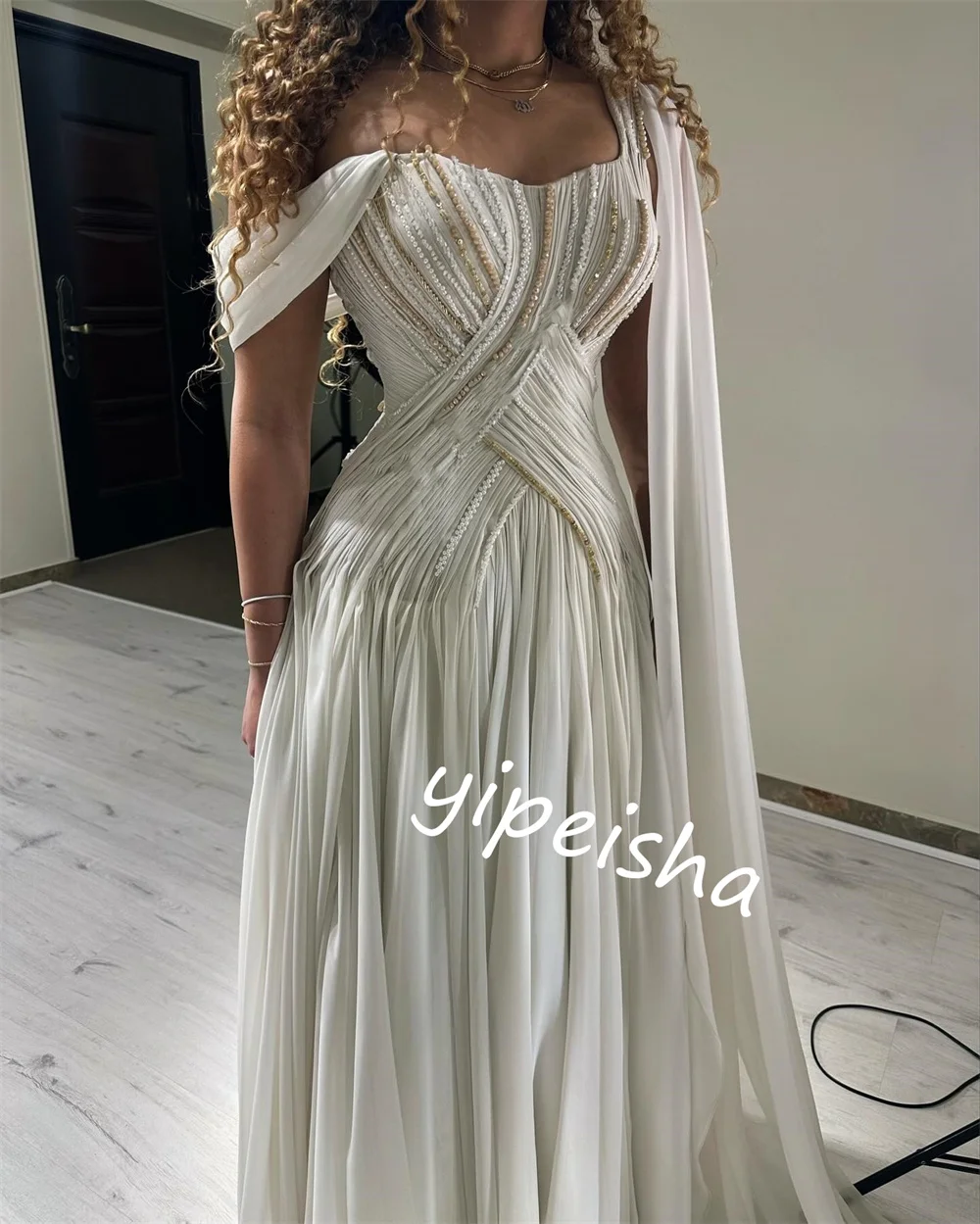 Customized Sparkle Exquisite Jersey Beading Draped Engagement A-line Off-the-shoulder Bespoke Occasion Gown Long Dresses