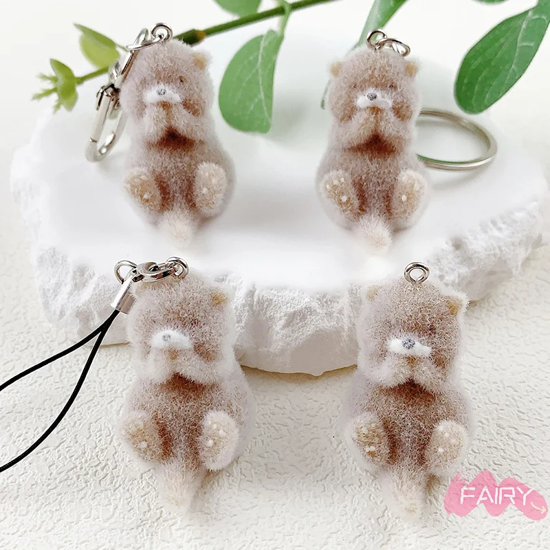 Lovely 3D Flocked Otter Pendant Cute Cartoon Keychain Bag Pendant Keyring Hanging Decoration DIY Key Accessories