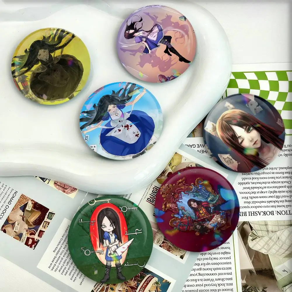 

GAME Alice M-Madnes-s Returns Badges 25 32 44 58 75 mm Round Fans Collect Friends Gifts Brooch Souvenir