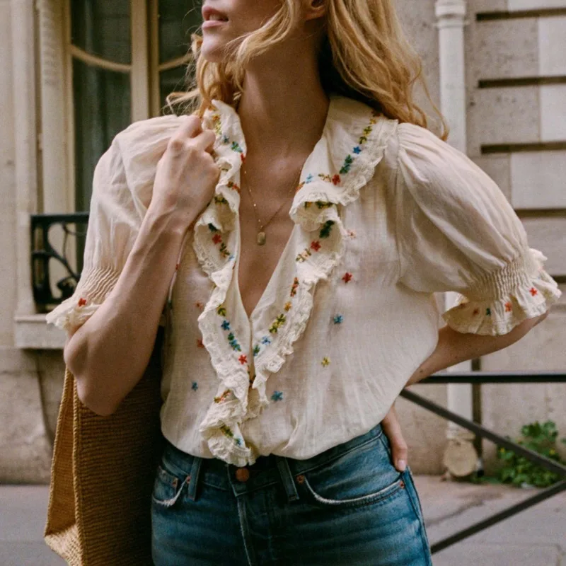 

French Printed T-shirt Summer Star Top Bubble Sleeves Y2K Lace Collar Vintage Countryside Cotton Short Sleeved Shirt Top Tee New