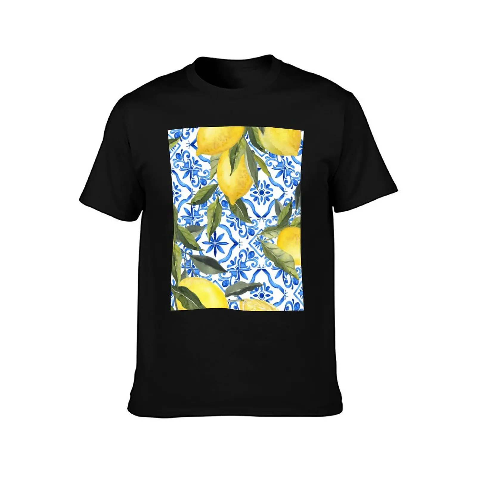 Lemons on Blue Tiles T-Shirt Holiday Simple Tee Shirt T-Shirt