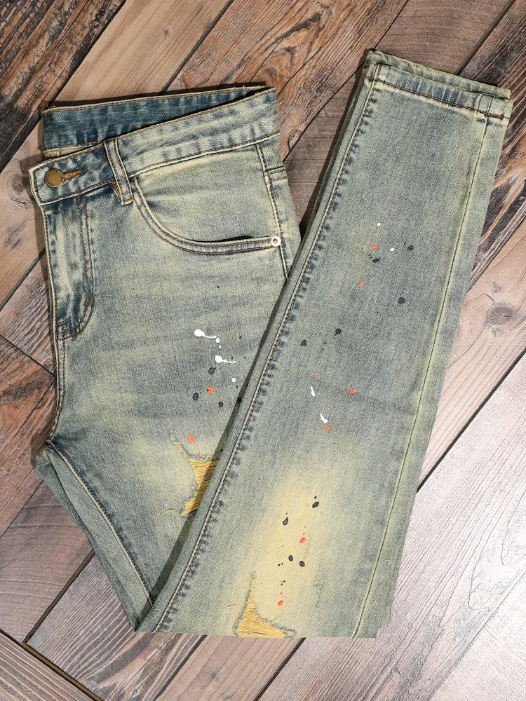 Vintage Yellow Mud Color Men's Stretch Skinny Jeans with Paint Splatter, Ripped Patches, Street Style Nostalgic Pants