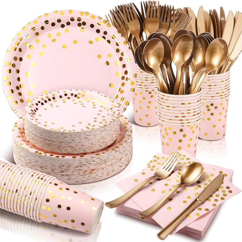 

560 Pcs Pink and Gold Party Supplies for 80 Guests Disposable Paper Plates Sets Pink Gold Paper Plates Cups Napkins Gold Forks