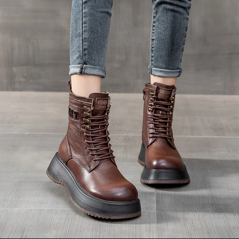 Clearance thick bottom letter boot top layer cowhide slope heel Martin boots leather side zipper casual single boots