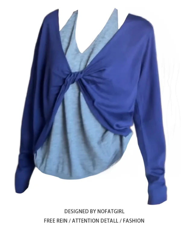 

Женский модный топ больших размеров с V-образным вырезом, длинными рукавами, вязаный, с узлом на шее, в стиле колор-блок, для ранней осени, в стиле Spicy Girl