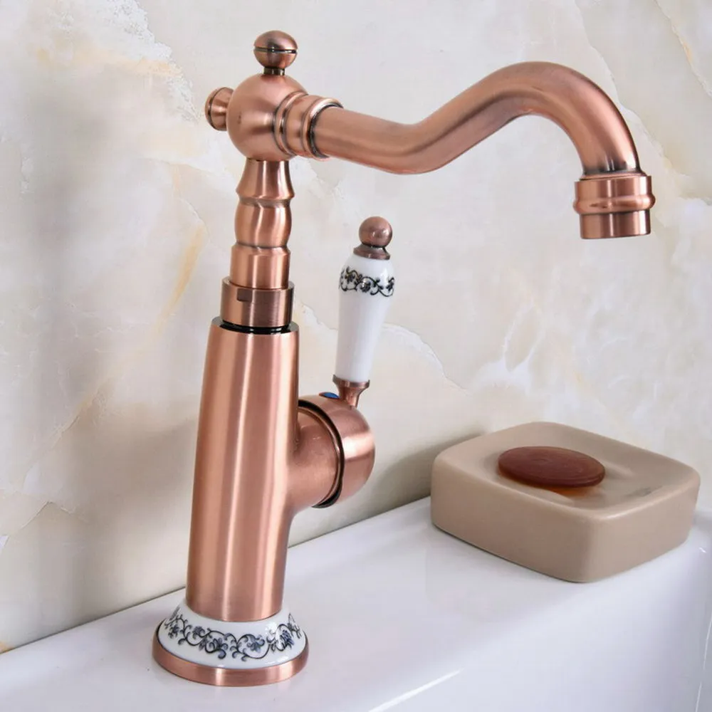 

Antique Red Copper One Ceramic Flower Handles Base Bathroom Kitchen Basin Sink Faucet Mixer Tap Swivel Spout Deck Mounted mnf623