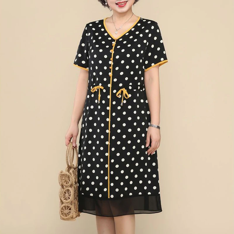 Damen bekleidung Polka Dot Print Schnürung elegante Party kleider 2023 Sommer mode V-Ausschnitt Kurzarm lose Midi kleid Vestidos