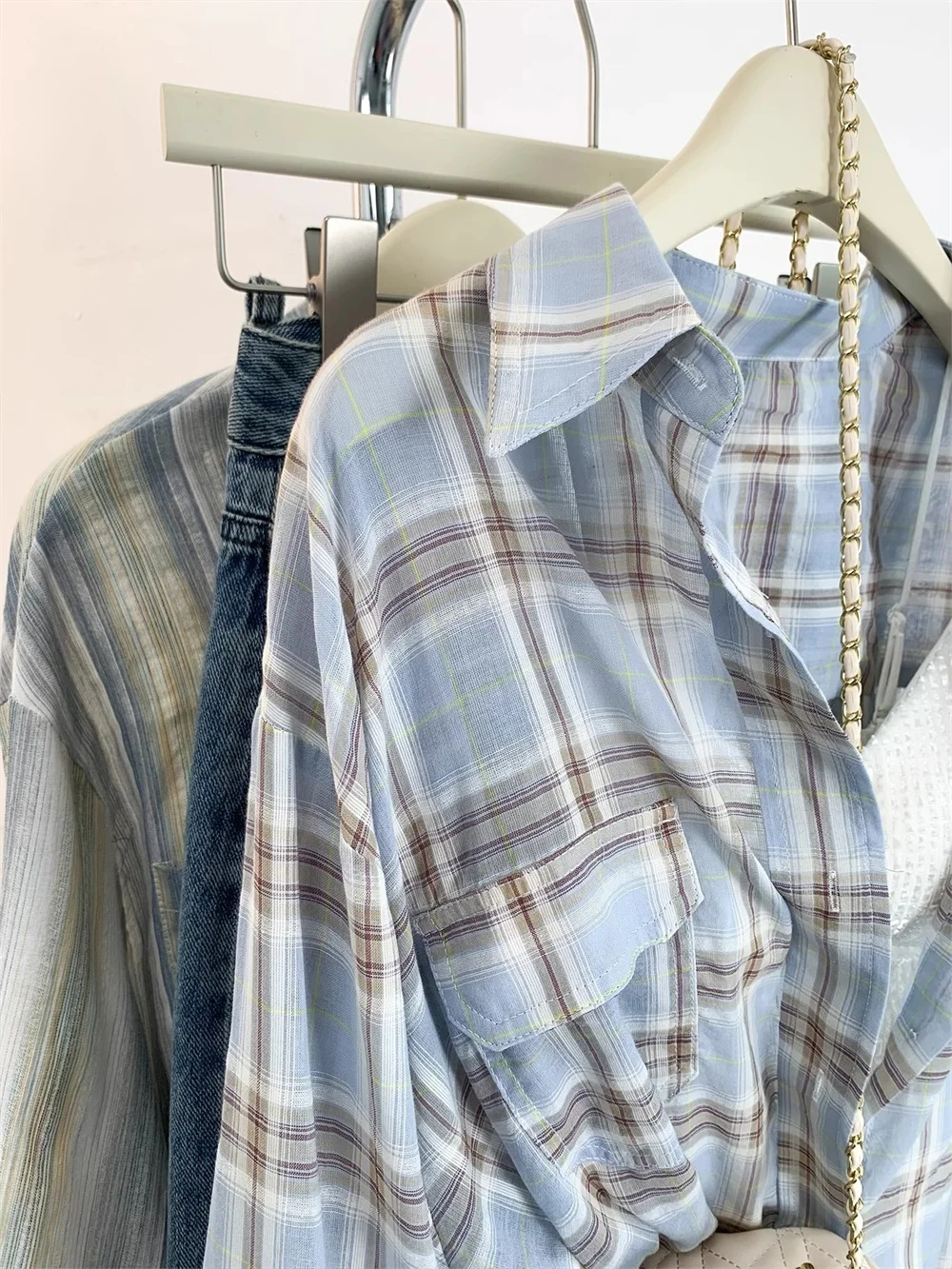 Light Blue Plaid Long Sve Sun Protection irt Casual Lazy Vintage Collar M Sle Loose irt Coat for Young Adults
